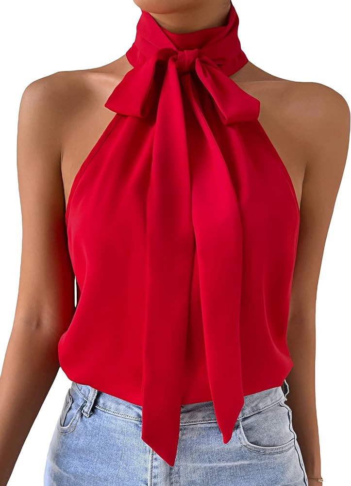 Verdusa Women's Tie Knot Halter Neck Sleeveless Blouse Shirt Top | Amazon (US)