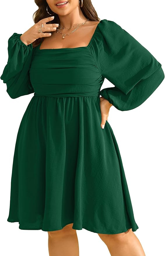 RWJ Womens Long Sleeve Mini Dress 2025 Fall Elegant Square Neck A Line Ruched Smocked Wedding Gue... | Amazon (US)