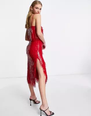 ASOS DESIGN shard detail midi dress with sheer waist detail in red | ASOS (Global)