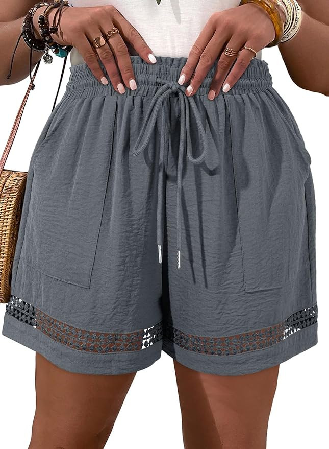Eytino Women's Plus Size Shorts Elastic High Waist Casual Drawstring Shorts Lightweight with Pock... | Amazon (US)