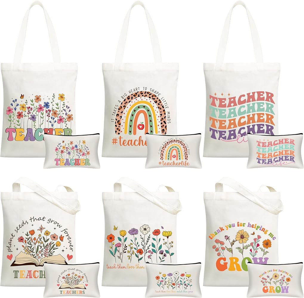 HUFAND Graduation Gifts for Teachers - 6 Pack Canvas Tote Bags with Makeup Pouches, Teacher Appre... | Amazon (US)