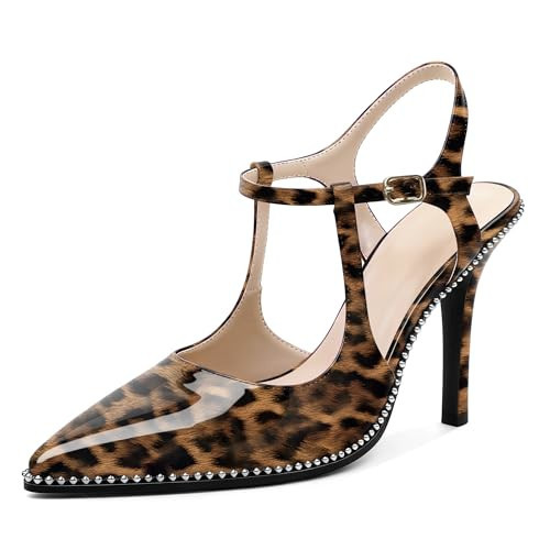 SAMMITOP Cheetah Print Heels Womens Leopard Stiletto High Heel Closed Pointed Toe Slingback Pumps Strappy Wedding Party Office Dress Shoes 3.5 Inches US Size 9.5 | Amazon (US)