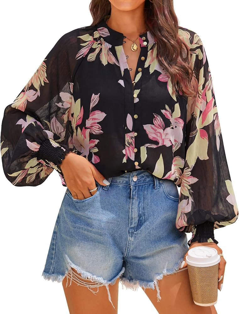 ZESICA Womens Floral Print Long Sleeve Button Down Boho Top | Amazon (US)