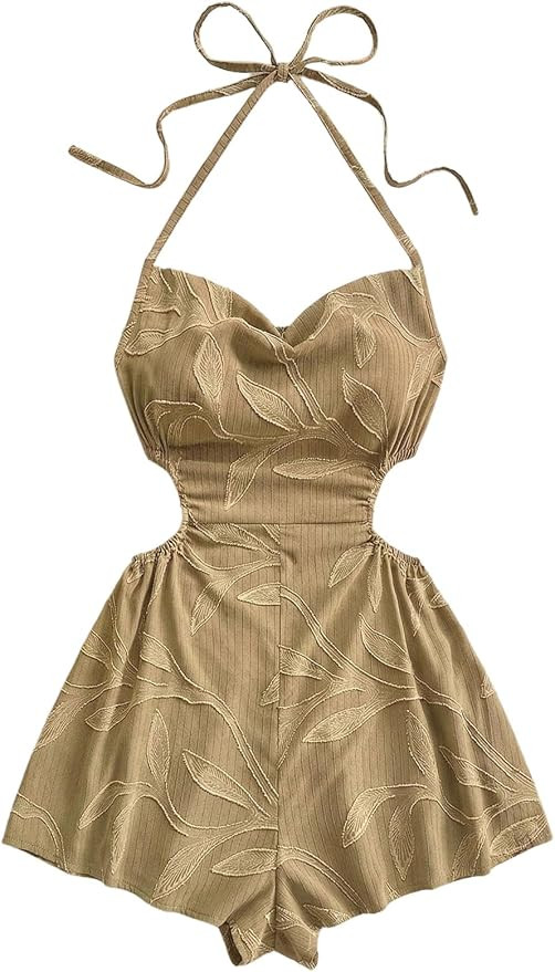 WDIRARA Women's Cut Out Tie Backless Halter Romper Boho Smocked Wide Leg Shorts Jumpsuit       Se... | Amazon (US)