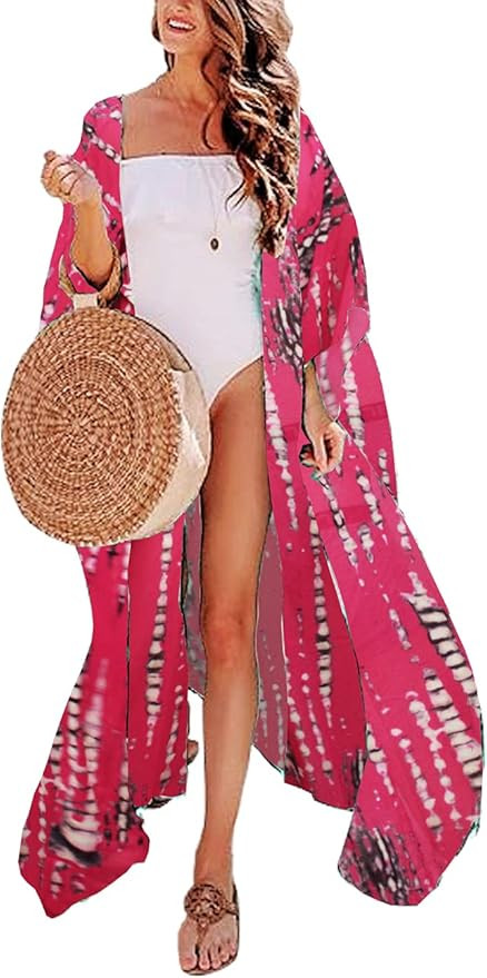 QIUYEJUO Women's Flowy Beach Kimono Long Bikini Cover Up Dress Chiffon/Rayon Open Front Cardigan | Amazon (US)
