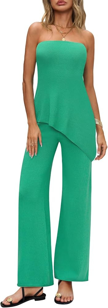 Womens 2 Piece Sets Summer Travel Vacation Outfits 2025 Lounge Matching Sweater Set Knit Tube Top... | Amazon (US)