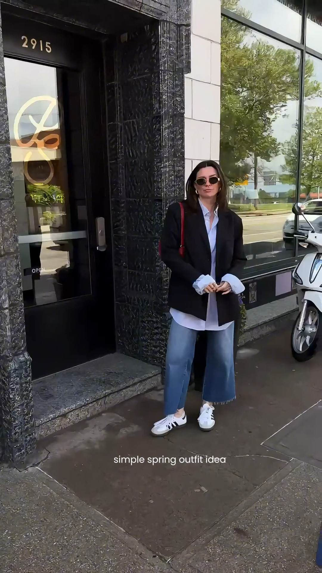 casual spring outfit, oversized blazer, striped button down, wide leg jeans, adidas sambas, samba dupes, red bag, spring outfit ideas, capsule wardrobe