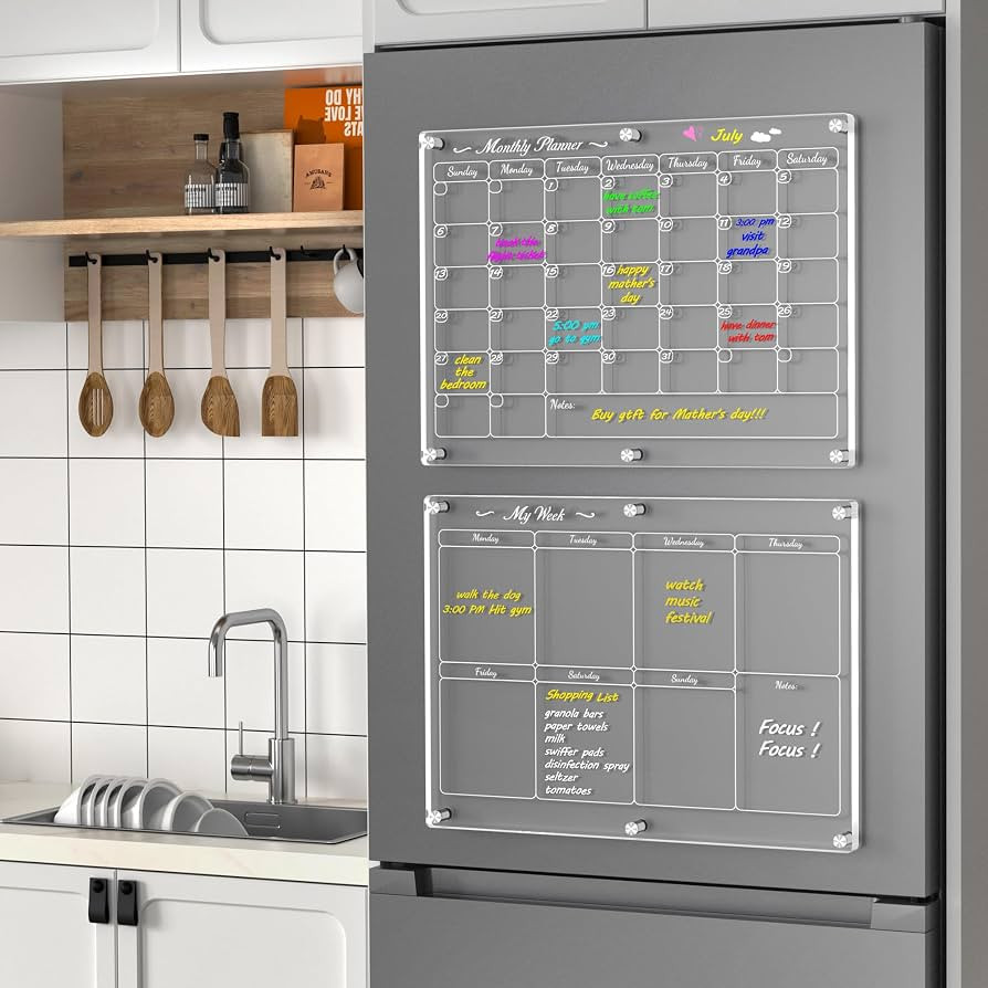 Acrylic Magnetic Monthly and Weekly Calendar for Fridge, Set of 2 Clear Dry Erase Board Calendar ... | Amazon (US)