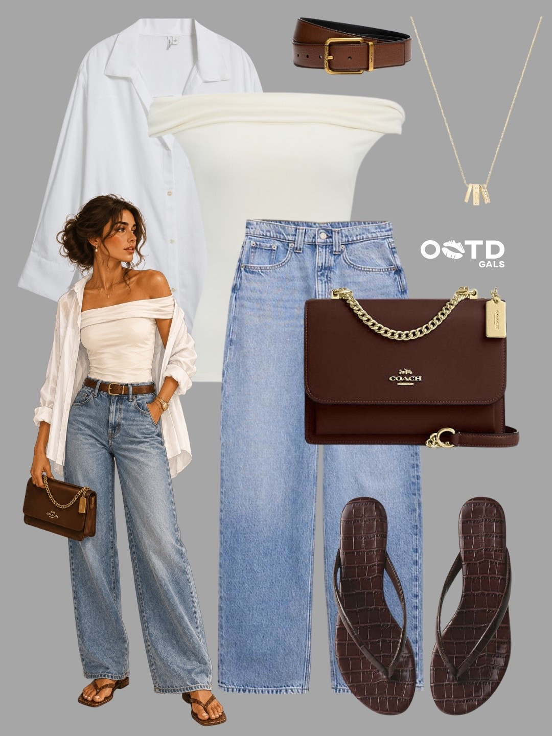 Relaxed denim, rich espresso accents, and soft neutrals create a look that feels effortlessly chic 🤍🤎👖

This outfit blends casual comfort with elevated details. The off-the-shoulder ivory top adds a feminine touch, while the oversized white shirt creates an easy layered effect that feels relaxed and modern. Light-wash wide-leg jeans keep the silhouette balanced, and the deep brown accessories bring warmth and sophistication to the look.

✨ Style Details:
• Oversized white button-down shirt
• Ivory off-the-shoulder fitted top
• Light-wash wide-leg jeans
• Brown leather belt with gold-tone buckle
• Espresso brown chain-strap shoulder bag
• Delicate gold pendant necklace
• Croc-textured brown thong sandals

The contrast between airy neutrals and rich chocolate tones gives this outfit a timeless appeal. It's polished enough to look intentional yet relaxed enough for everyday wear, making it an easy choice for warm-weather styling.

Perfect for brunch dates, vacation sightseeing, outdoor cafés, shopping trips, weekend outings, casual dinners, coastal walks, or everyday elevated casual wear.

#EffortlessStyle #DenimAndNeutrals #CasualChic

#LTKsummer #LTKeurope #LTKtravel