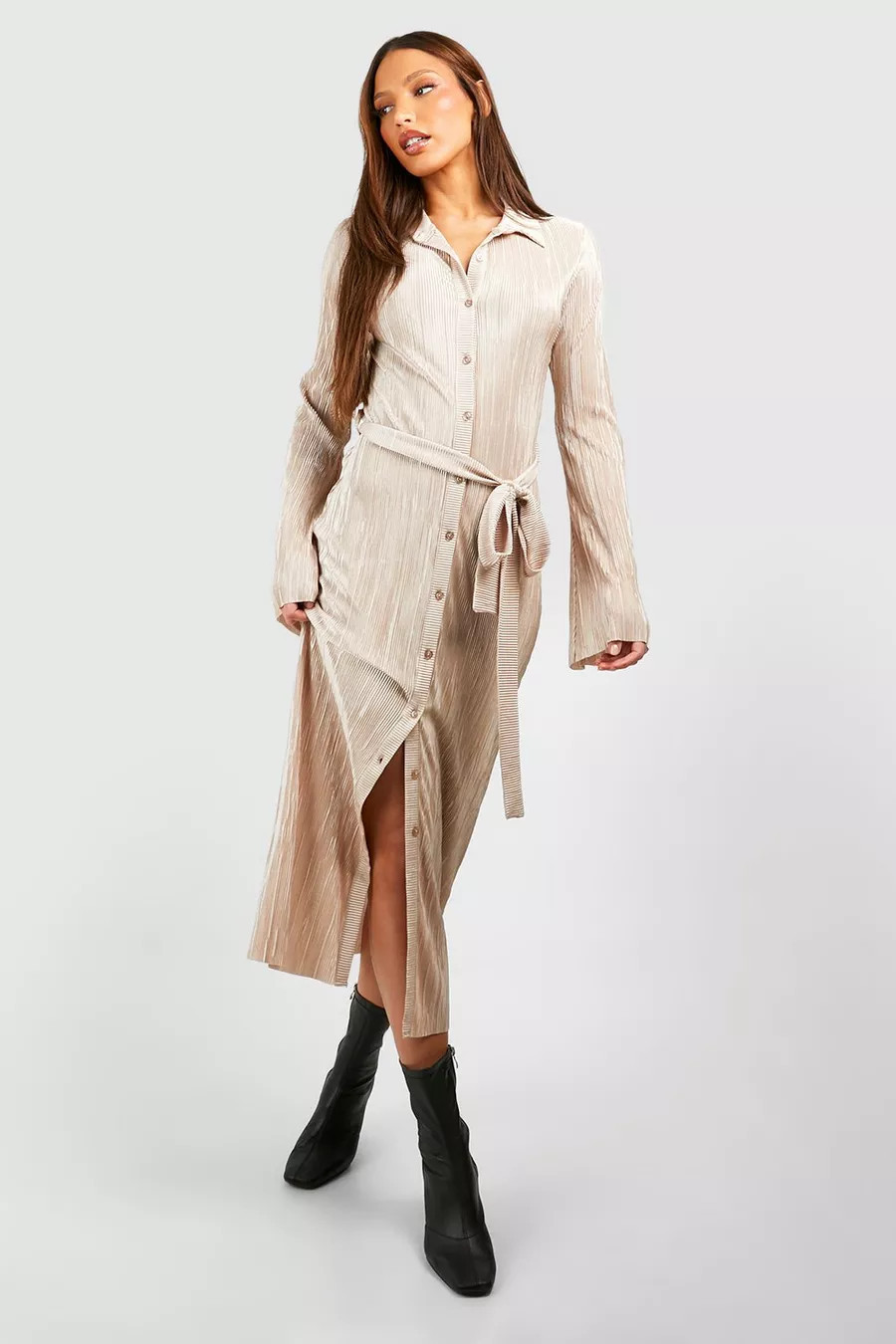 Tall Plisse Belted Flare Sleeve Midi Shirt Dress | Boohoo.com (UK & IE)