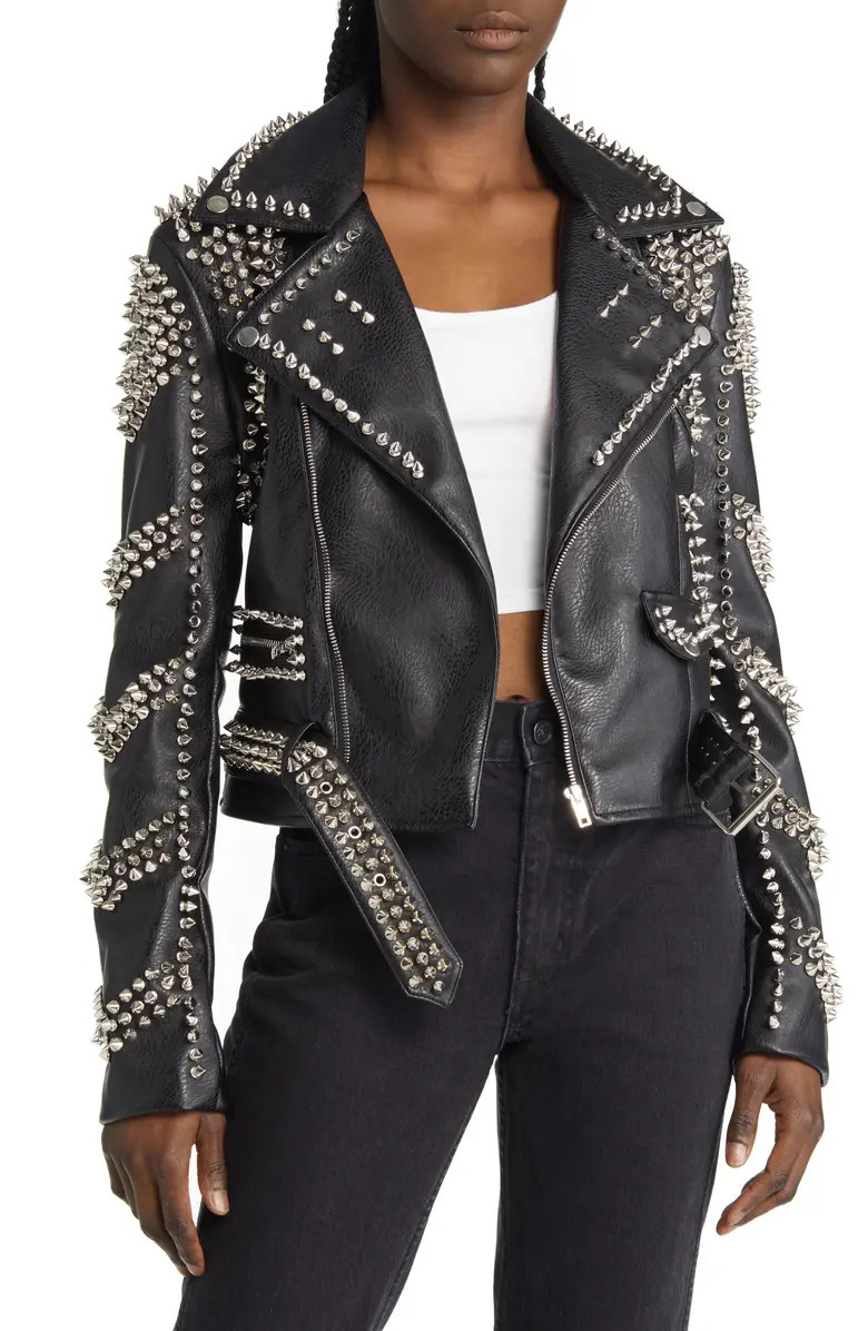AZALEA WANG Spike Belted Faux Leather Moto Jacket | Nordstrom | Nordstrom