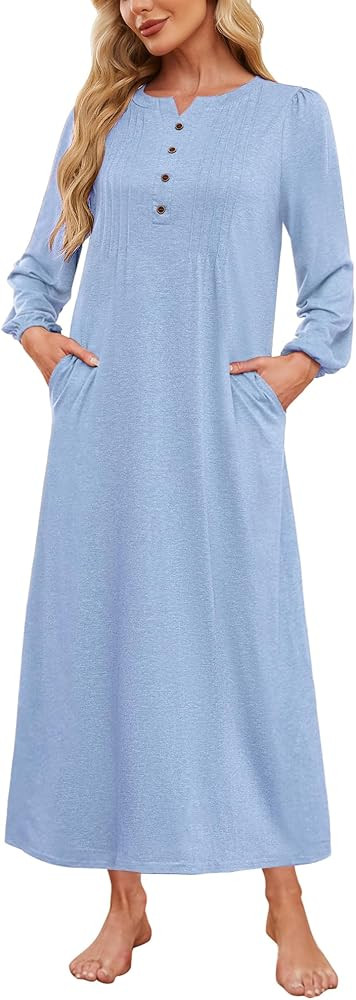 Womens Cotton Long Sleeve Nightgowns Soft Ladies Sleep Shirts Button V Neck Full Length Night Shi... | Amazon (US)