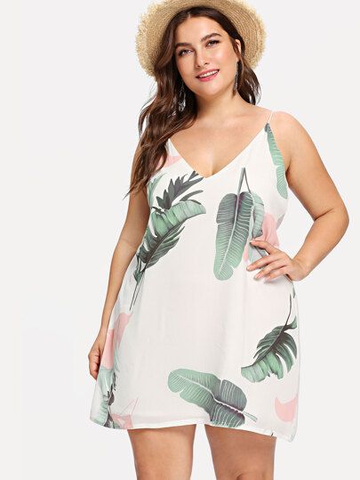 SHEIN Plus Jungle Leaf Print Cami Dress | SHEIN