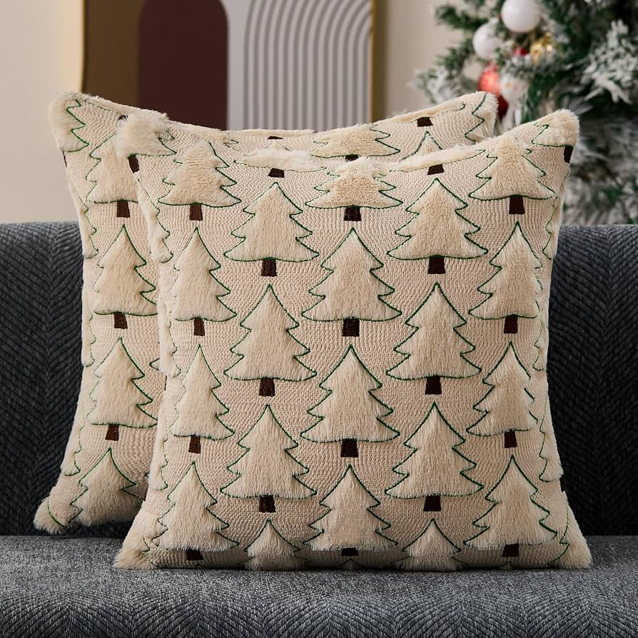Christmas Pillow Covers 20x20 inch Set of 2 Christmas Decorations Soft Plush Faux Fur Wool Beige ... | Amazon (US)
