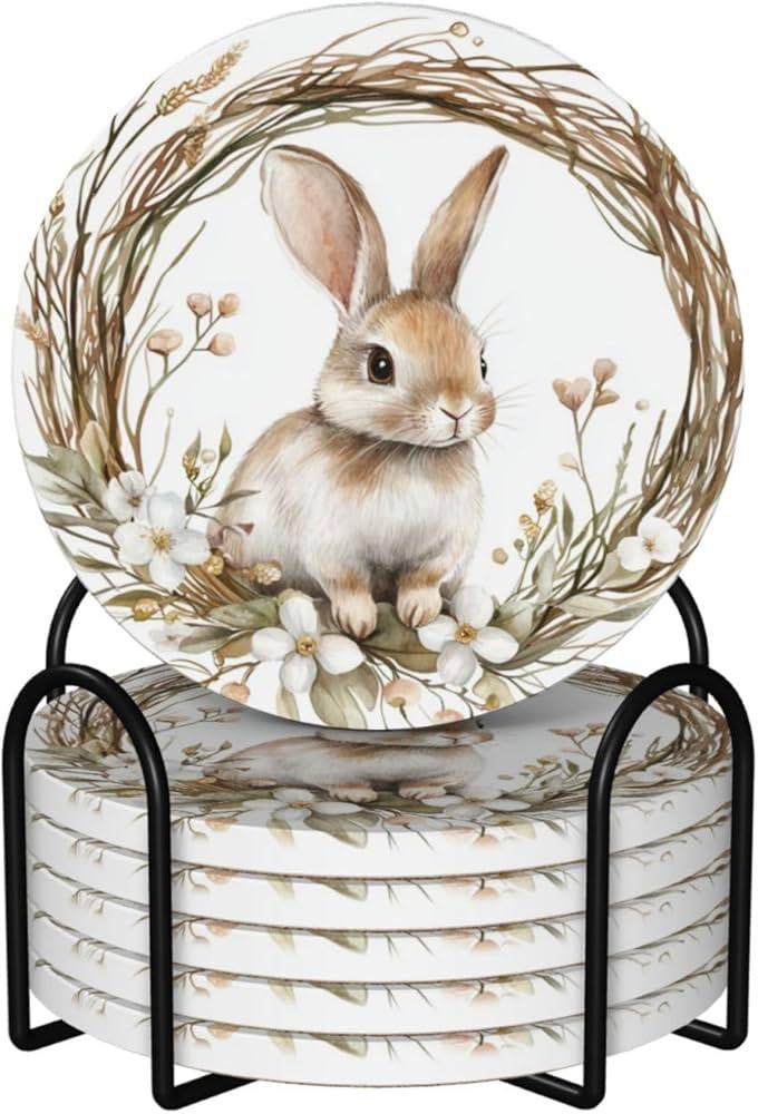 Watercolor Easter Wreath with Bunny Ceramic Coasters with Holder Set of 6 Coffee Cup Drink Coaste... | Amazon (US)