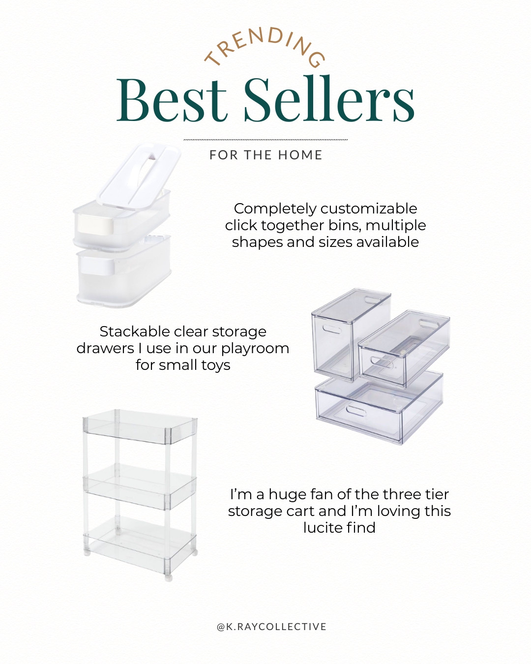 three of the best clear storage solutions. I love these click and latch stackable containers available in multiple sizes. I use these clear drawers in my playroom for small puzzles, toys, and fidget things.  I also think this three tier cart and the site is super cheap. Great for a home office.

#HomeBestSellers #TargetFINDS #TargetStyle #ClearStorage #HomeStorage #HomeOrganization

#LTKmomlife #LTKHome