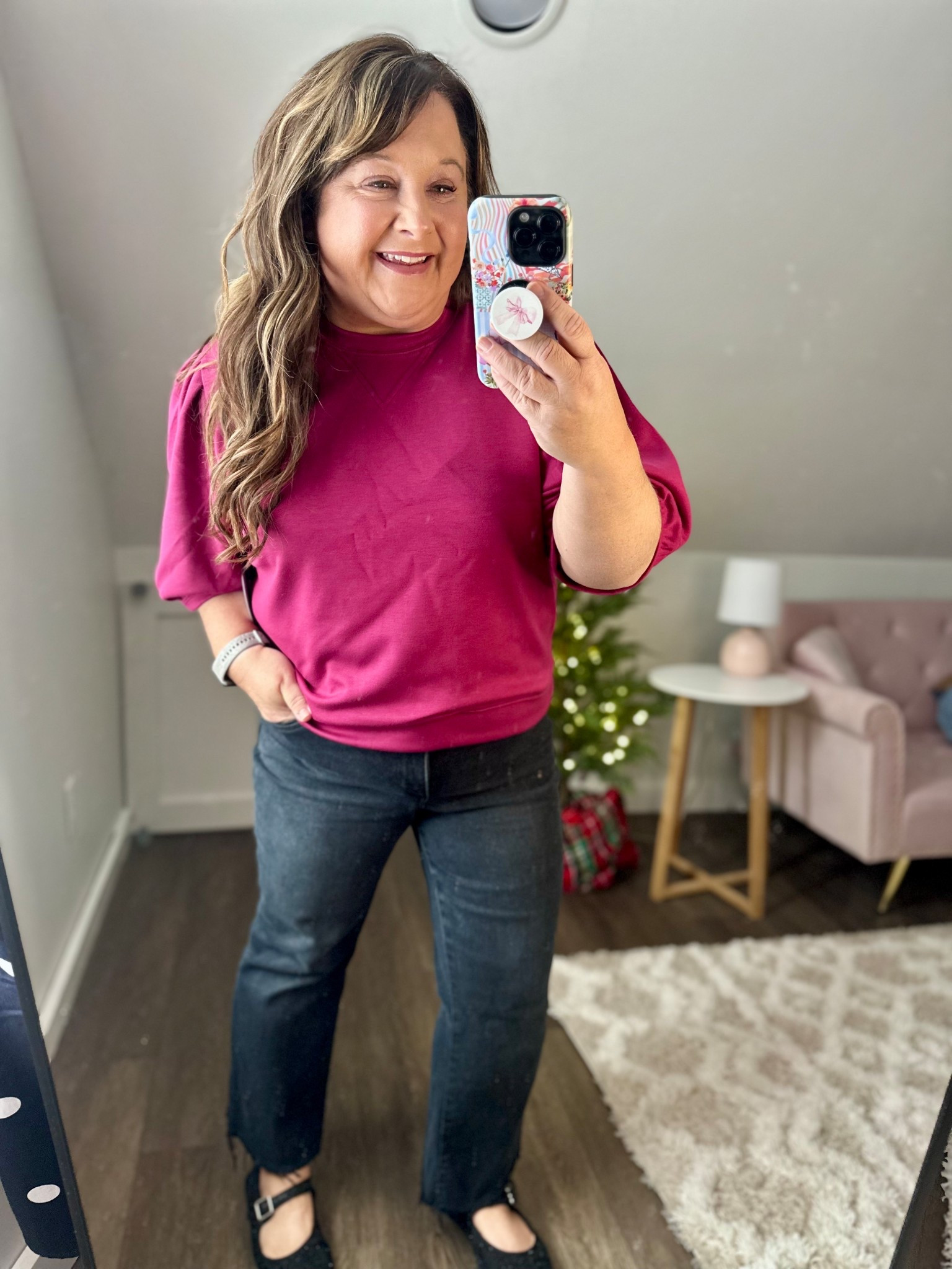 This color, the sleeve length, the quality. It's all so good. Grab this $20 top now, runs TTS. 