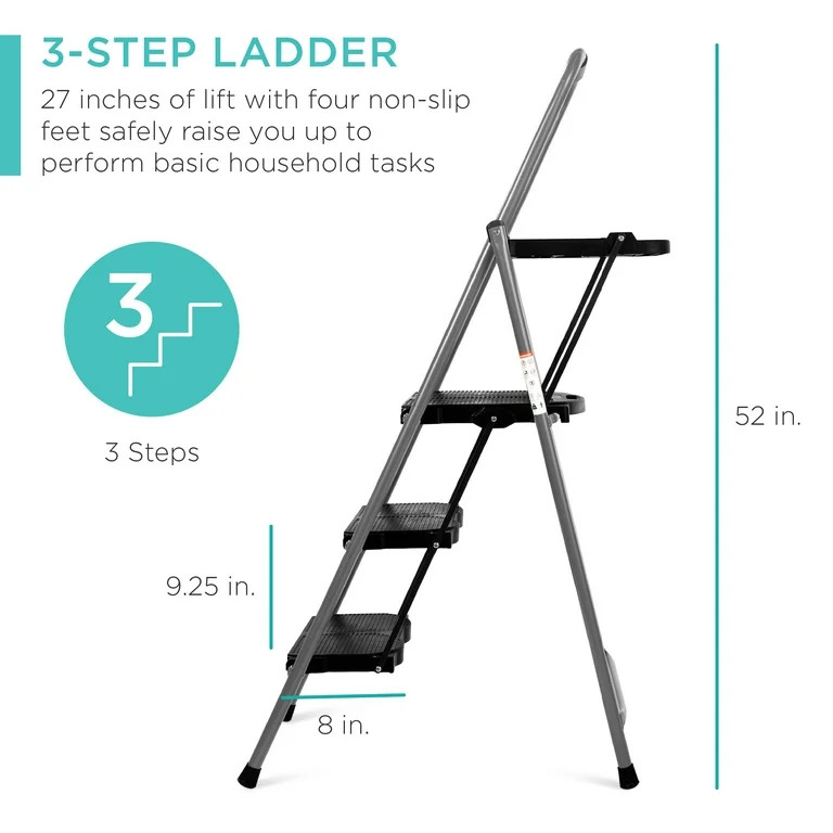 Best Choice Products 3-Step Portable Folding Anti-Slip Steel Ladder w/ Hand Grip, Utility Tray, 3... | Walmart (US)