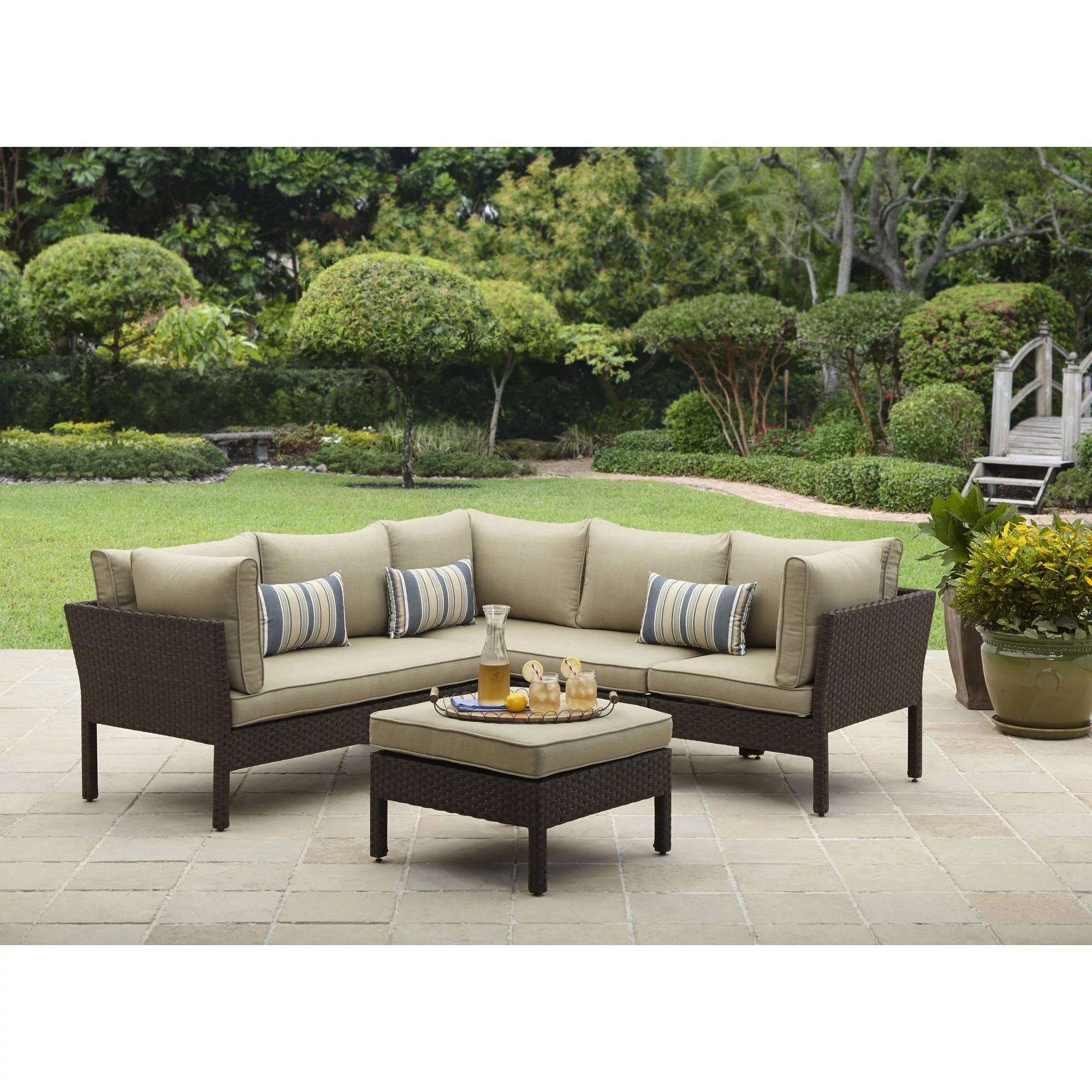 Better Homes & Gardens Avila Beach 4-Piece Wicker Patio Furniture Sectional Set, with Pillows | Walmart (US)