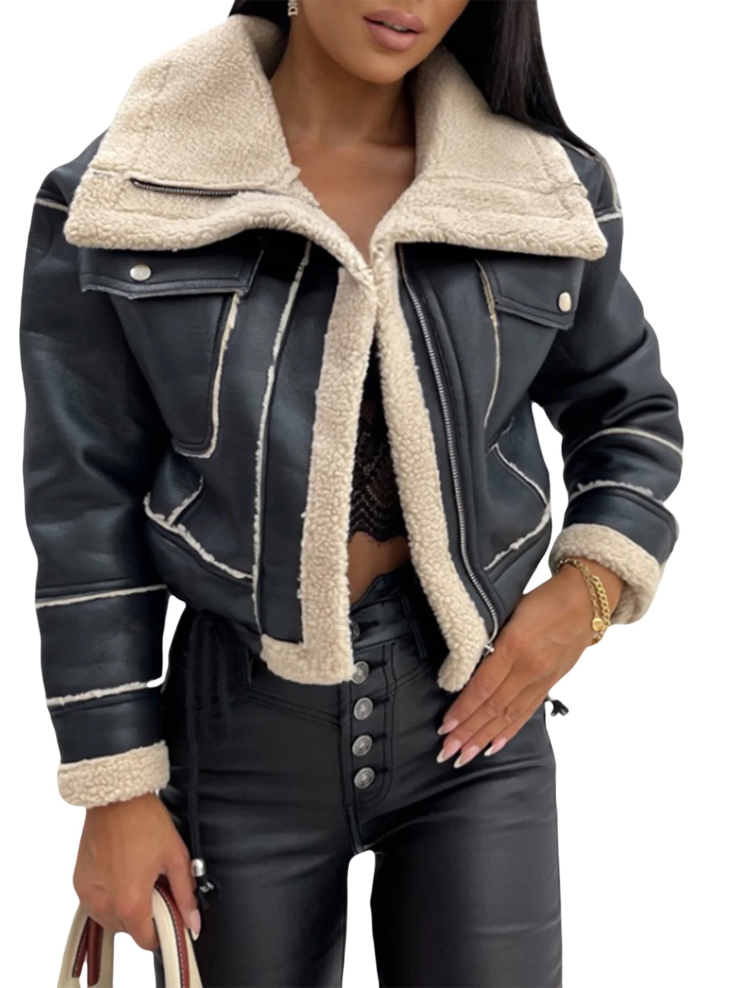 Jamlynbo Womens Suede Faux Leather Jackets Long Sleeve Zip Up Flannel Lined Fur Lapel Collar Wint... | Walmart (US)