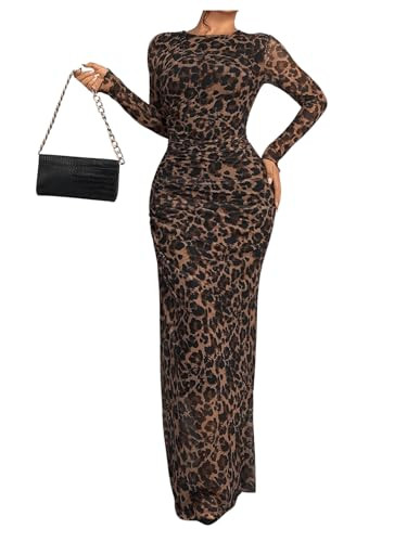 Women's Y2k Leopard Print Mesh Sheer Bodycon Maxi Dresses Cheetah Long Sleeve Elegant Formal Wedd... | Amazon (US)