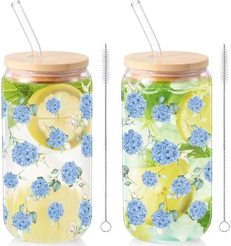 Sliner 2 Pcs Hydrangea Glass Cups Floral Gifts Flower Drinking Glasses 16 oz Iced Coffee Tumbler ... | Amazon (US)