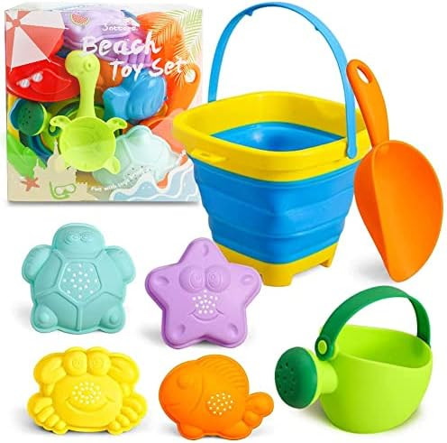 3 otters Foldable Beach Bucket, Sand Toys Set Foldable Pail Colorful Beach Bucket with Sand Molds Co | Amazon (US)