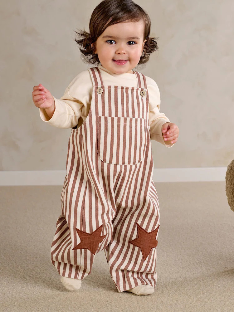 Mamas & Papas Brown Stripe Dungarees with Star Knee Patches & Long Sleeve Top Set | Next EU