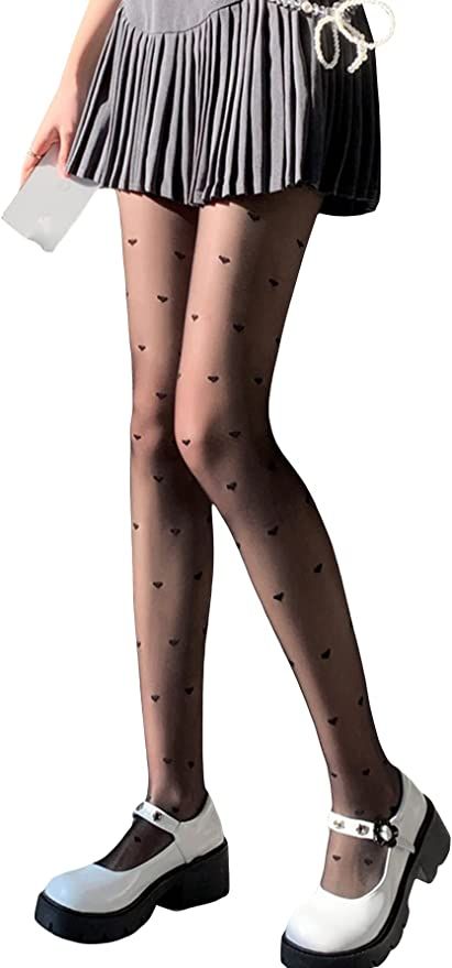 GORGLITTER Women's Heart Print Tights Mesh Pantyhose Stockings Leggings Black Heart One Size at A... | Amazon (US)