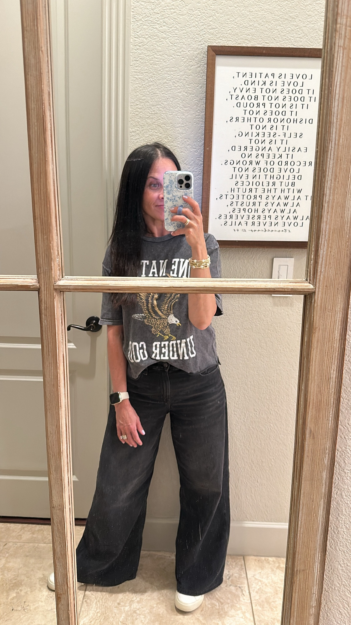 Easy, comfy, and cute. Jeans are AE. I have in both colors. Size down at least one size, maybe even 2! One Nation Under God is from BoyHart.com. 

#LTKFallSale #LTKOver40 #LTKTravel