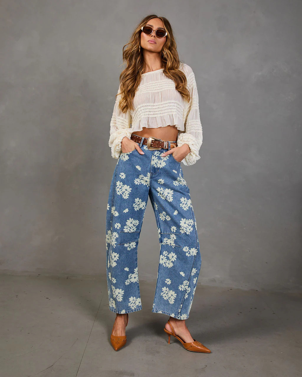 Daisy Ridge Rigid Barrel Leg Mid Rise Floral Jeans | VICI