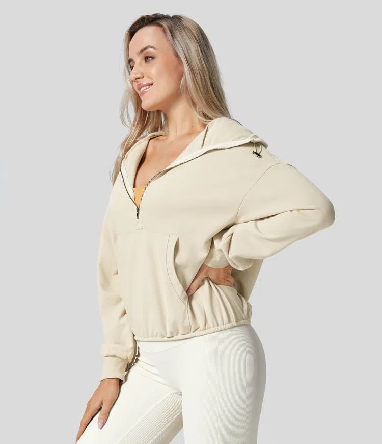 Hooded Drawcord Half Zip Long Sleeve Kangaroo Pocket Casual Sweatshirt | HALARA