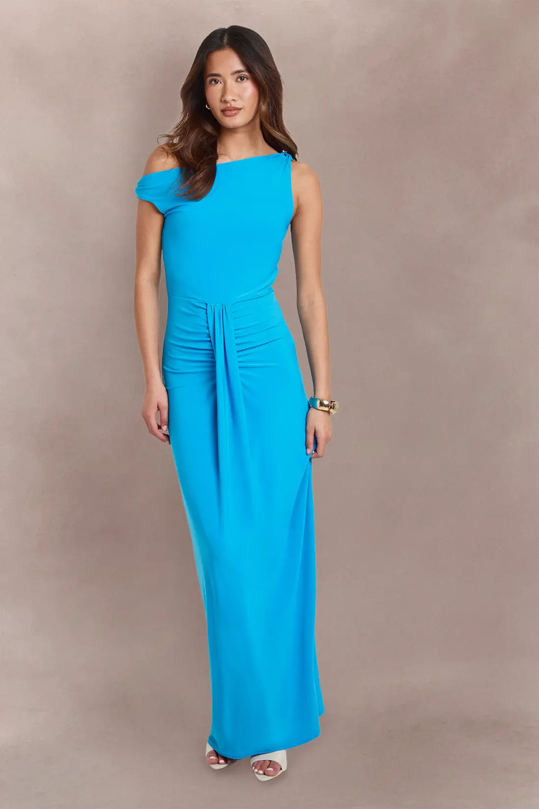 Aqua Double Layer Asym Neck Slinky Drape Front Maxi Dress | Boohoo | Boohoo.com (UK & IE)