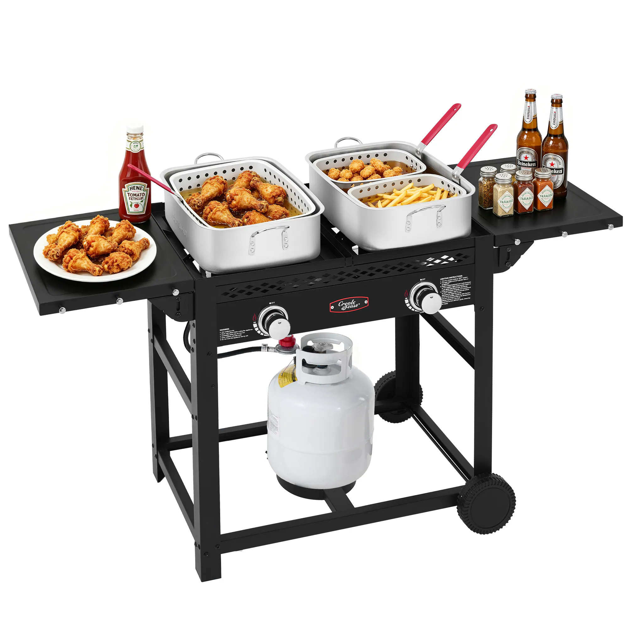 Creole Feast Dual 16 Qt. Deep Fryer Cart 2 -Burner Propane Manual Aluminum Outdoor burner one_size in Black | PFC100 | Lowe's