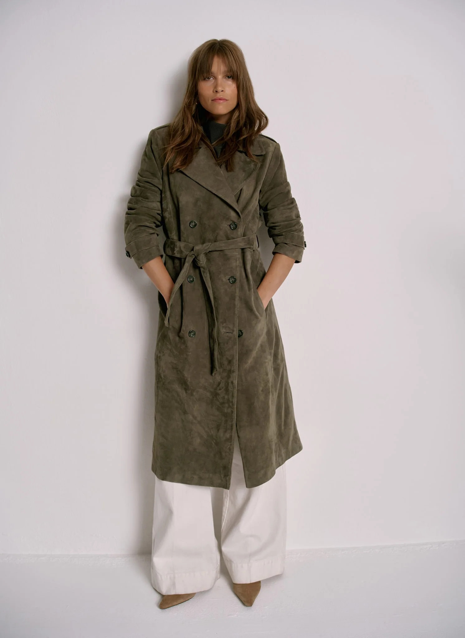 Khaki Suede Trench Coat | Mint Velvet