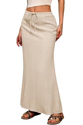 Amazon.com: ELLEVEN Linen Maxi Long Flowy Skirt for Women Trendy Summer with Slit Elastic Waist D... | Amazon (US)