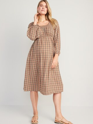 Maternity Waist-Defined Blouson-Sleeve Midi Dress | Old Navy (US)