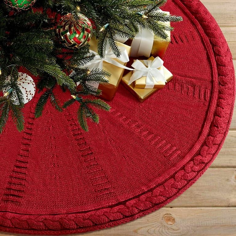 Ayieyill Christmas Tree Skirt, 48 inches Red Tree Skirt Luxury Cable Knit Knitted Thick Rustic Xm... | Walmart (US)