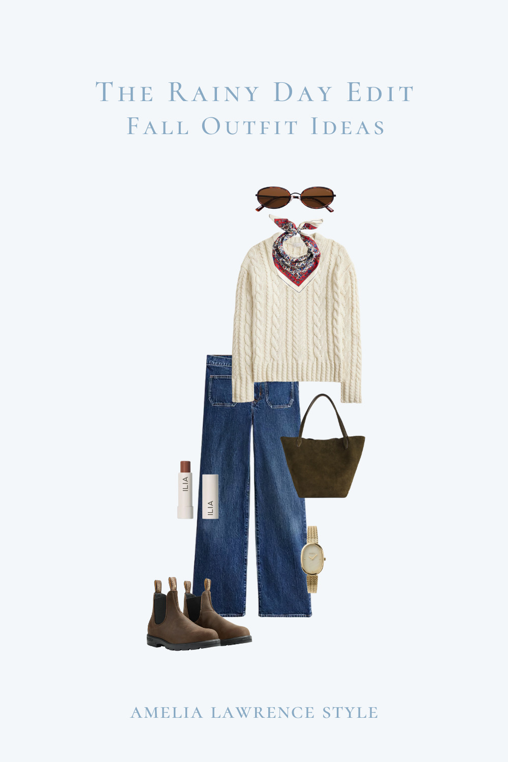 The rainy day edit fall outfit ideas. Fishermen sweater, cable knit sweater, fall sweater, jeans, j.crew, blunstone, fall boots, suede bag, fall bag, fall sunglasses, silk scarf, fall lips, watch, fall outfit idea, teacher outfit, city outfit.  

 #LTKSeasonal #LTKStyleTip #LTKShoeCrush