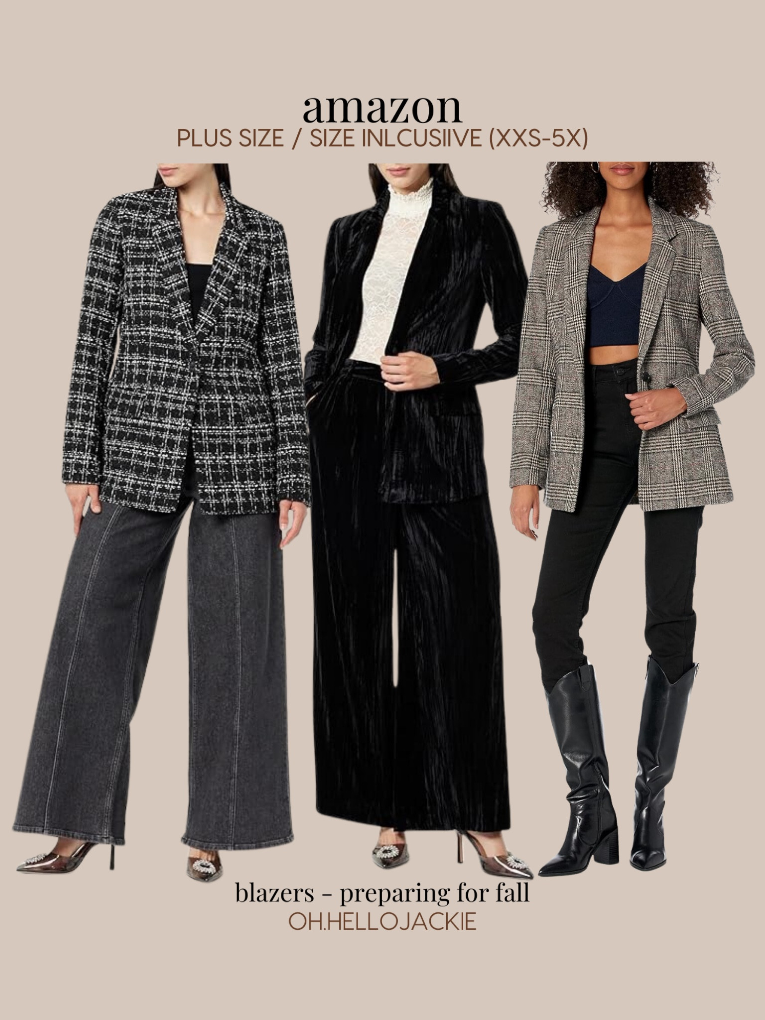 Affordable AMAZON finds! Plus size and size inclusive - XXS to 3X, 4X, 5X TRUE TO US SIZES.

Nothing says “Fall” quite like these blazers! The grey black plaid for that moody professor look, a black velvet for an elegant event, or the tweed for that Chanel dupe moment.

#LTKPlusSize #LTKFindsUnder100 #LTKMidsize