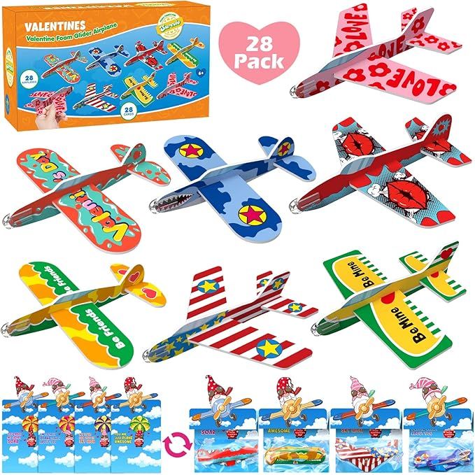 SURCVIO 28 Pack Valentines Day Gifts for Kids, Foam Airplanes Party Favor Set with Valentines Gre... | Amazon (US)
