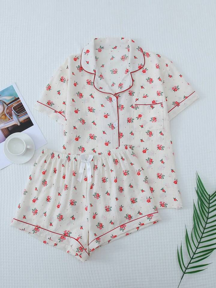 2pcs/Set Women's Floral Print Pajamas With Contrast Trim Button Down Short Sleeve Top And Bowknot... | SHEIN