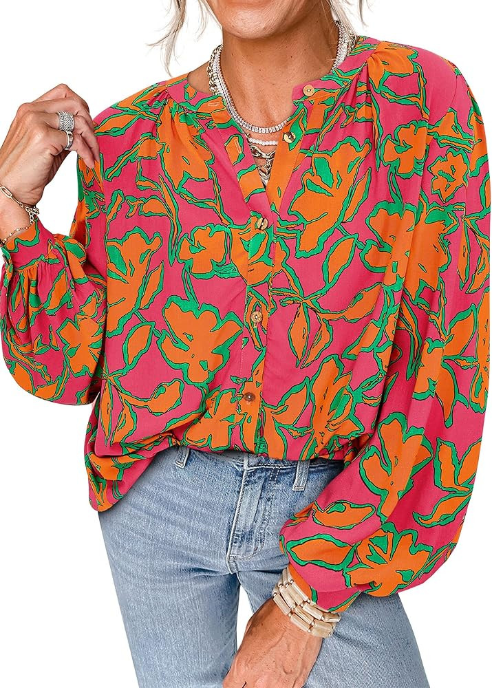 PRETTYGARDEN Women's Floral Button Down Blouse 2026 Fall Fashion Dressy Casual Long Sleeve Shirts... | Amazon (US)