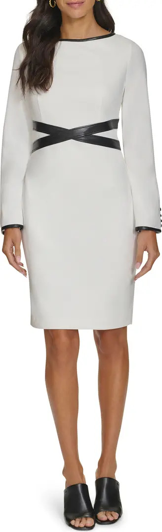 Calvin Klein Long Sleeve Faux Leather Trim Sheath Dress | Nordstromrack | Nordstrom Rack