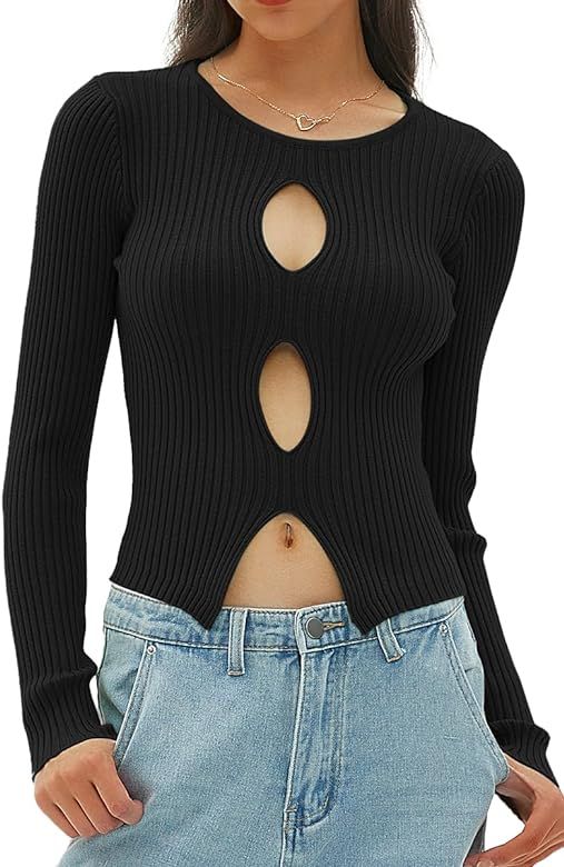 CHYRII Womens Sexy Fall Fashion Cutout Tops Ribbed Knit Winter Pullover Sweater Going Out Crop To... | Amazon (US)