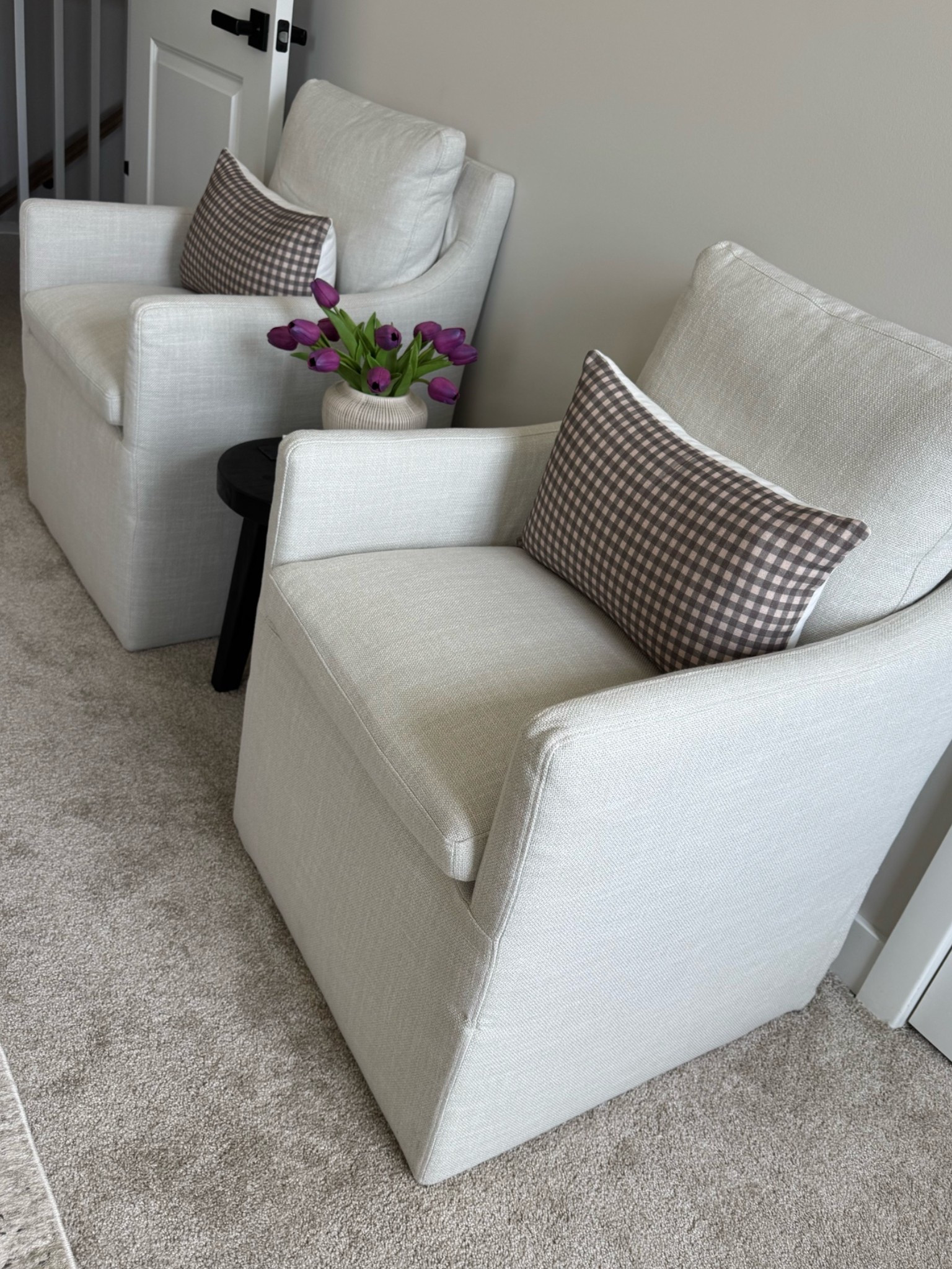 Upholstered chairs, cream chairs, arm chairs, accent chair, gingham pillow cover, office furniture, chairs, plum tulips, black side table

#LTKSaleAlert #LTKSeasonal #LTKHome