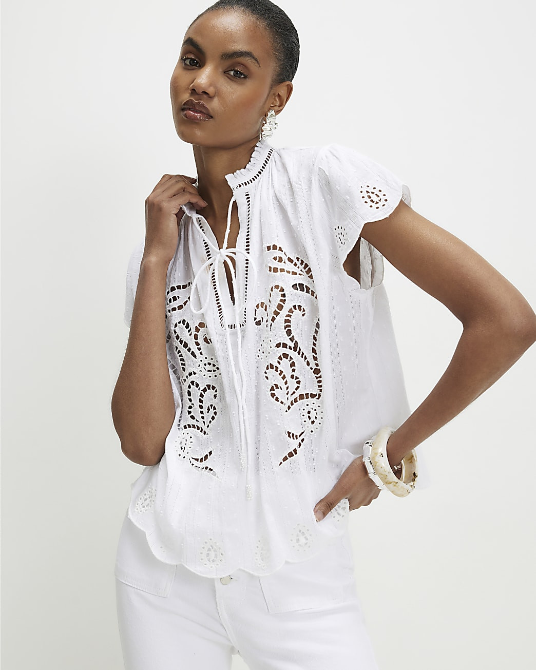 White Cotton Broderie Tie Neck Blouse | River Island UK & IE