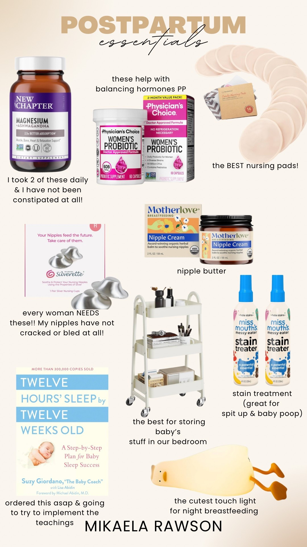 My postpartum essentials!! 🤍

Magnesium for constipation. Women’s probiotic. Affordable nursing pads. Nipple silverettes. Nipple butter. Nipple cream. 3 tier caddy for baby’s stuff in the parents bedroom. Sleep training book. Stain treatment. Squishy duck light. Nightlight for breastfeeding  



#LTKBaby #LTKBump