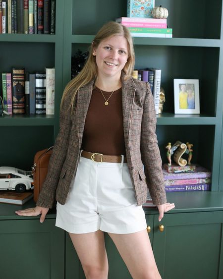 Fall outfit idea for fall. Brown tank, tweed blazer, and white shorts. How to wear a blazer  

#LTKSeasonal #LTKstyletip