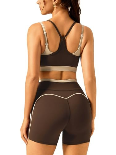 Womens Workout Sets 2 Piece Matching Gym Pilates Set Double Lined Tops High Waist Shorts With Pockets & Padded Sports Bra Yoga Athletic Outfits Two Tone Casual Set Brown M | Amazon (US)